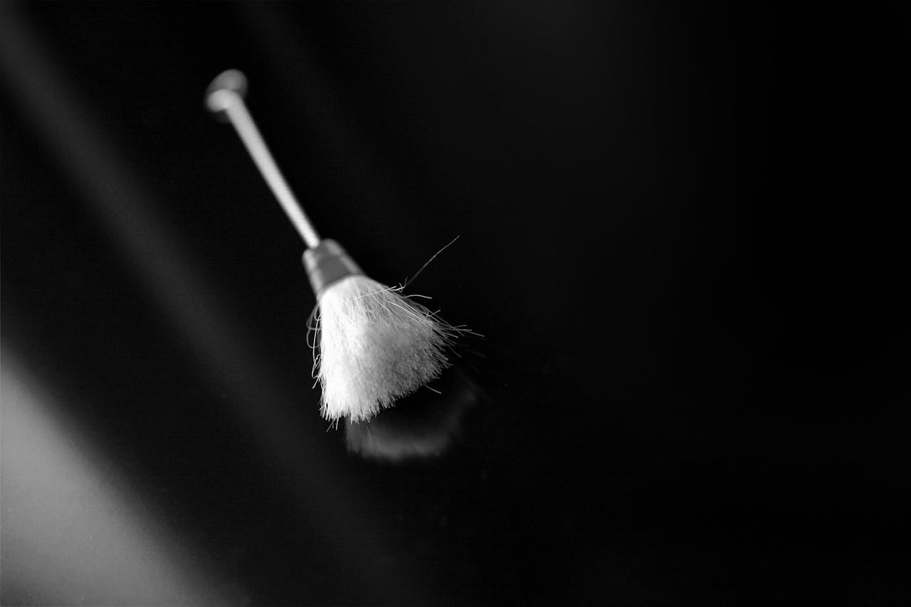 Artistic black and white image of a feather duster on a dark surface, featuring dramatic lighting.